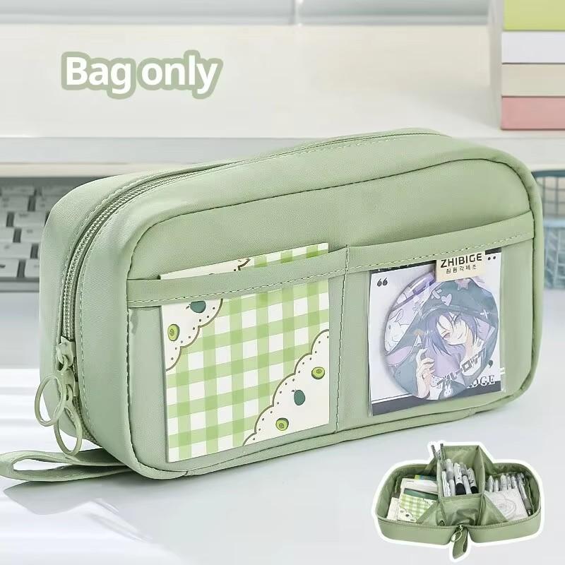 Large Capacity Pencil Case 180 ° Large Opening Double Zipper Transparent Front Mirror Multi-layer Stationery Box Storage Bag зелёный