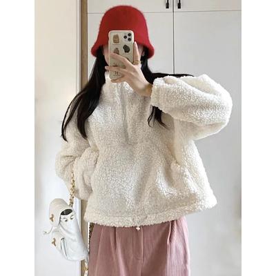 Fashionable Half-zip Stand Collar Sweatshirt for Women Autumn and Winter Loose Warm Lamb Wool Top