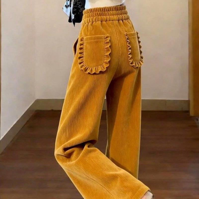 Women s High-Waisted Retro Corduroy Wide-Leg Pants - Slimming, Versatile, Ruffled, Casual, with Elastic Waist. S (recommended for 37.5-45kg)