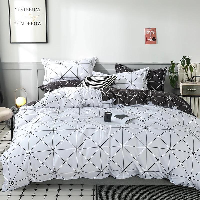 3PCS Single-sided Printed Bedding Set ,Comforter Black And White Plaid  Grid Duvet Bedding Cover Pillows Comfortable Bedspreads