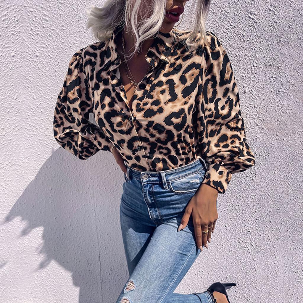 Ladies Vintage Tops Loose Long Sleeves Lapel Leopard Shirts Women's Fashion Shirts, Casual Long Sleeves Button Up Shirts Tops