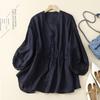 2025 Spring/Summer Women's V-neck Waist-Cinching Cotton Linen Top - Loose, Slimming, Versatile, Five-Sleeve Shirt