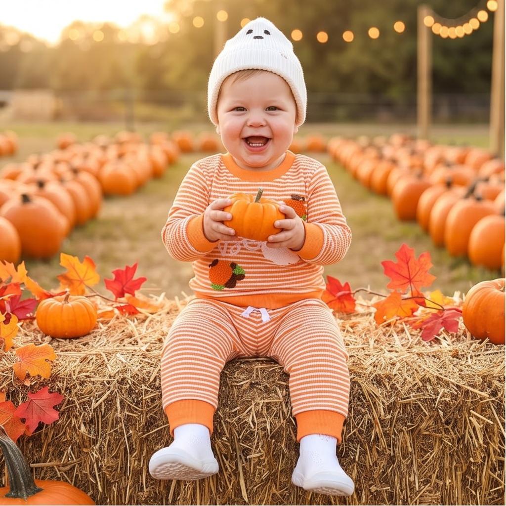 Dětská Unisex Halloweenová pletená pruhovaná sada s dlouhým rukávem a dlouhými kalhotami, Prodyšná a pohodlná na podzim a zimu