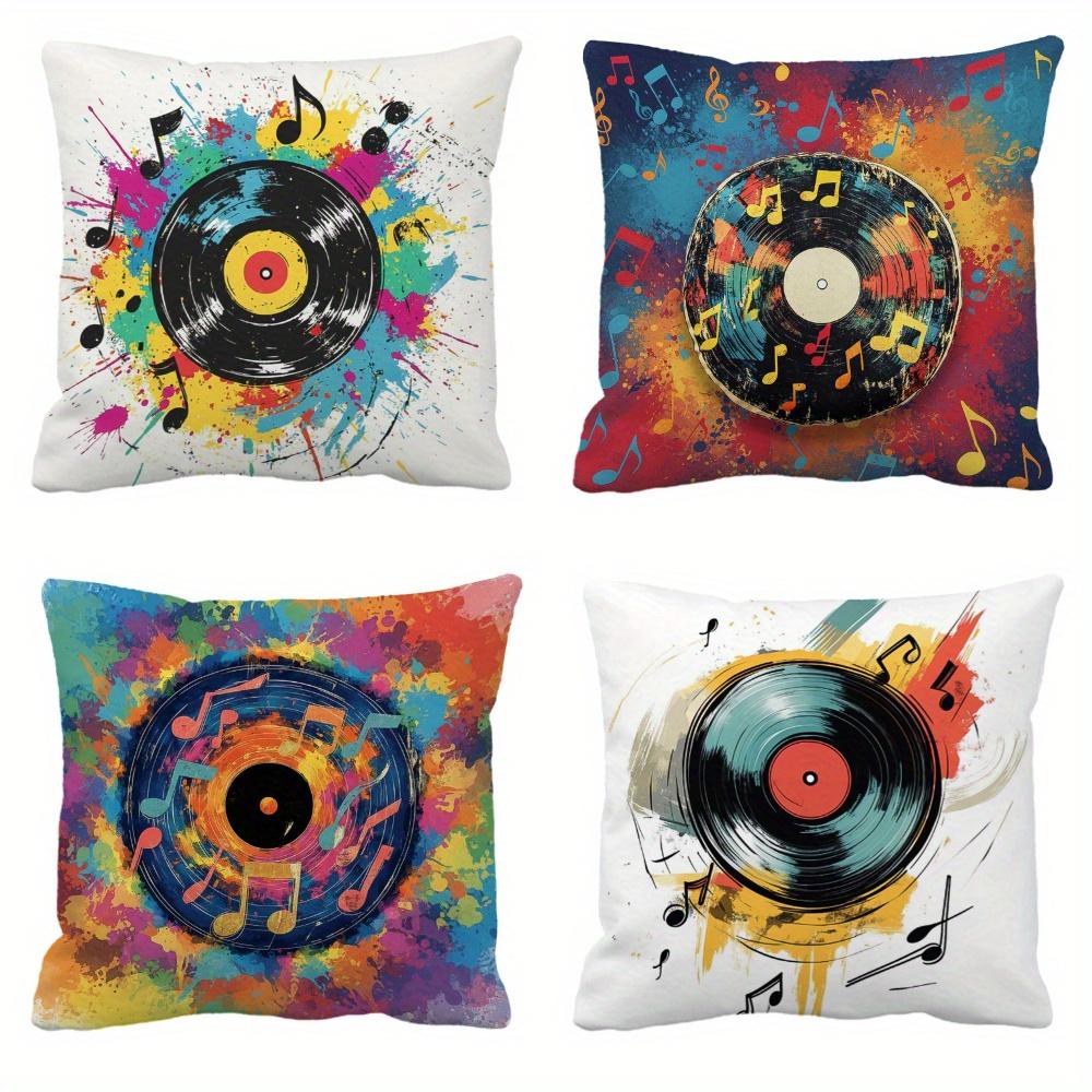 4Pcs Vintage Vinyl Record & Music Note Throw Pillow Covers, Colorful Splatter Print Cushion Cases, Retro Music Lover Home Decor