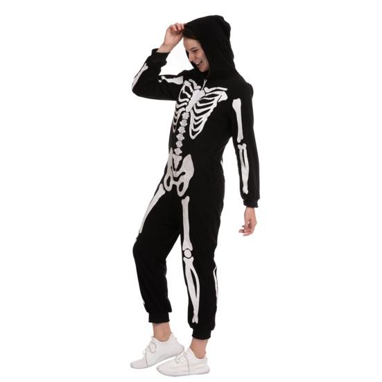 Halloween Costume Luminous Skeleton Print Family Matching Pajamas Hooded Long Sleeve Adults Kids One-Piece