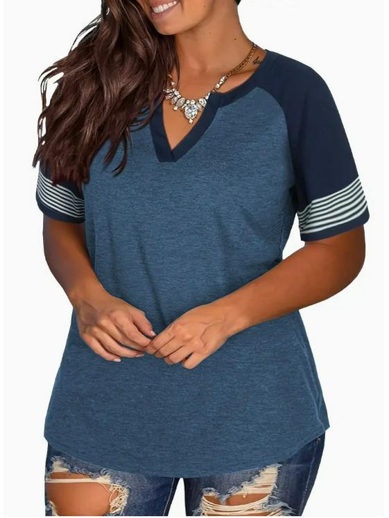 2024 Euro-America V-Neck Color Block Short Sleeve Loose Top