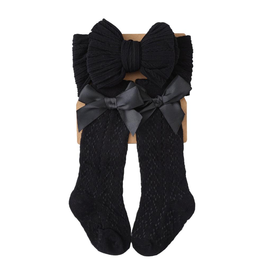 2Pcs Baby Girl Fall Outfit Vintage Cable Knit Stockings With Bow Headband Solid Spanish Socks Hair Accessories For 0-12 Months
