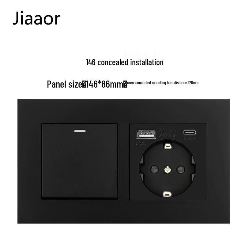 16A Black European Double Gang German-Style Switch & USB/Type-C Socket for Concealed Installation