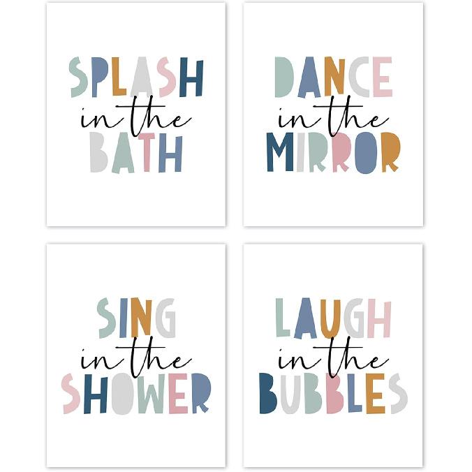 TLESKE Pink Girls Kids Bathroom Splash in the Bath Posters Prints Unframed 8x10 Set of 4, Dance in the Mirror Wall Art Prints Decor, Sing in the