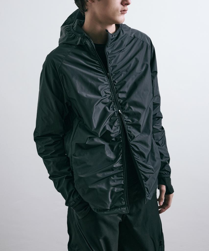 LEARVE Nylon Shirred Hooded Zip-Up Jacket Black