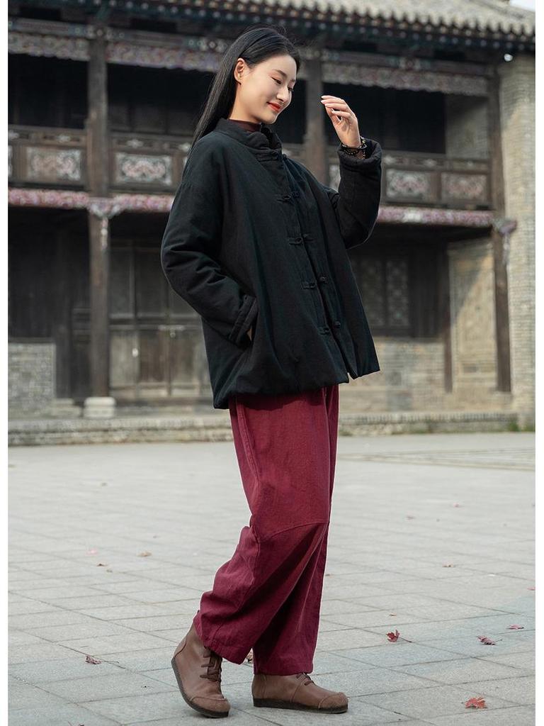 Winter Retro Chinese Cotton-Linen Women’s Coat - Solid Color, Stand Collar, Frog Button, Thickened Warm Jacket
