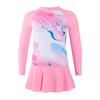 2025 Pink Tie-Dye Long Sleeve Two-Piece Swimsuit for Girls: Includes Short Skirt