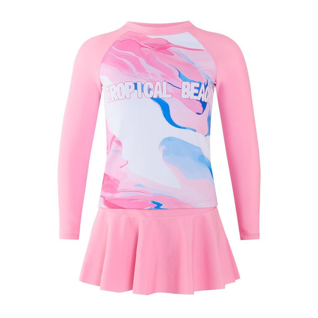 2025 Pink Tie-Dye Long Sleeve Two-Piece Swimsuit for Girls: Includes Short Skirt