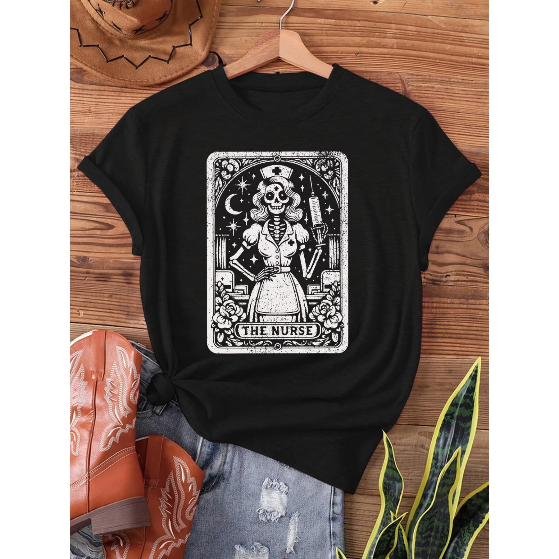 

Directed Y-Skeleton Injecting Nurse, Nurse Skeleton Card, Print T-Shirt, Short Sleeve Crew Neck Casual Top for Summer & Spring, Women S Clothing XXL чорний