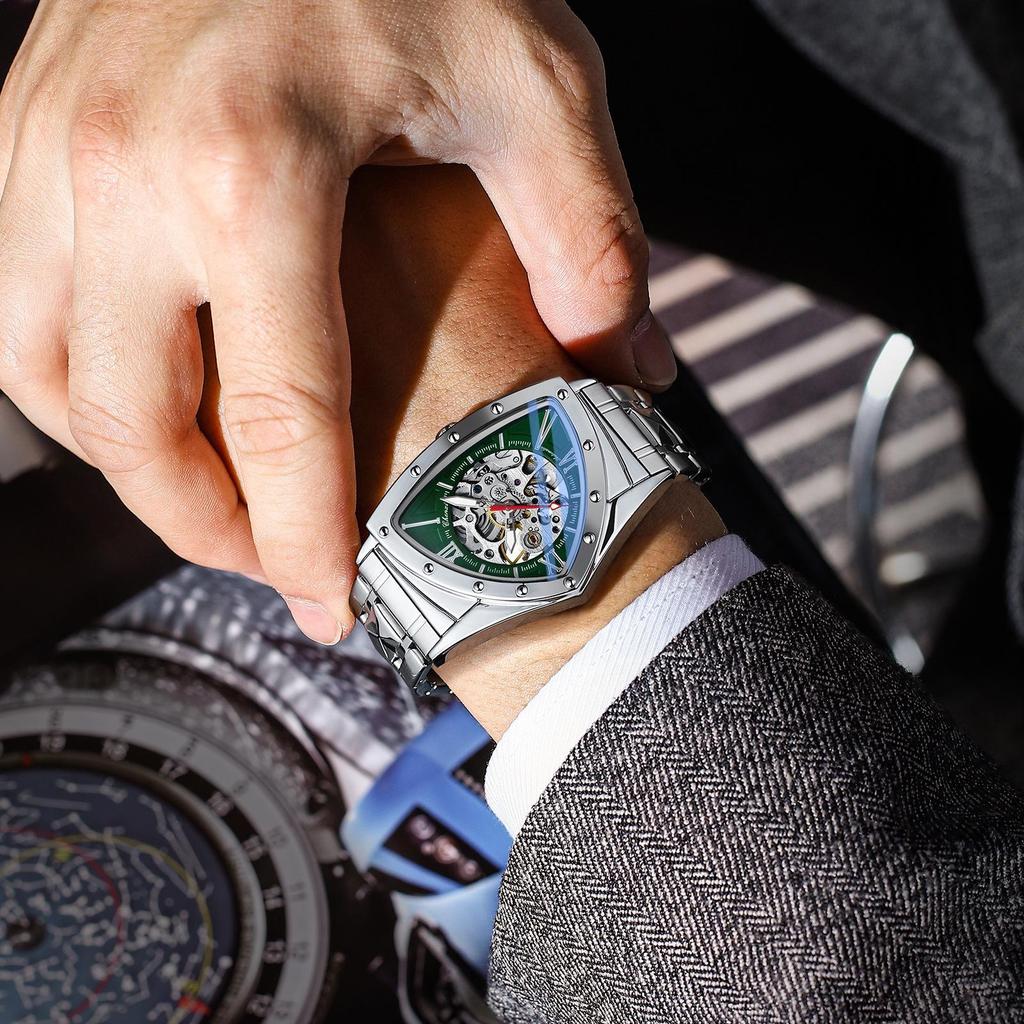 CHENXI Men's Triangle Skeleton Mechanical Watch Unique Design Water Resistant Luminous Stainless Steel/Black Leather Strap Business Watches