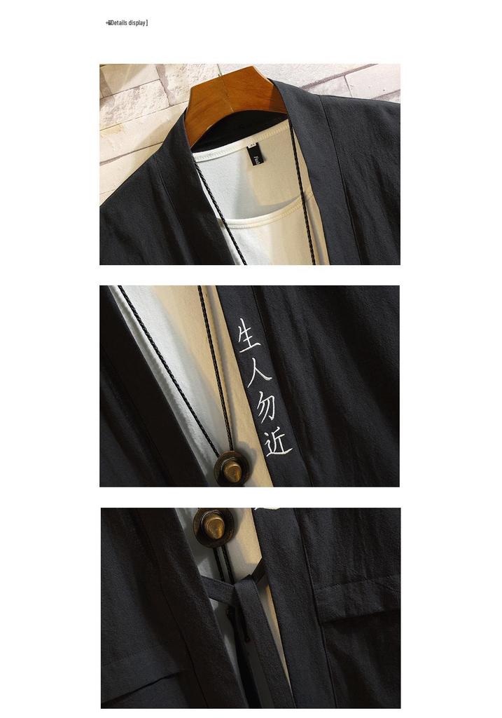 Men's Japanese-Style Hip-Hop Taoist Robe: Summer Embroidered 3/4 Sleeve Loose-Fit Shirt