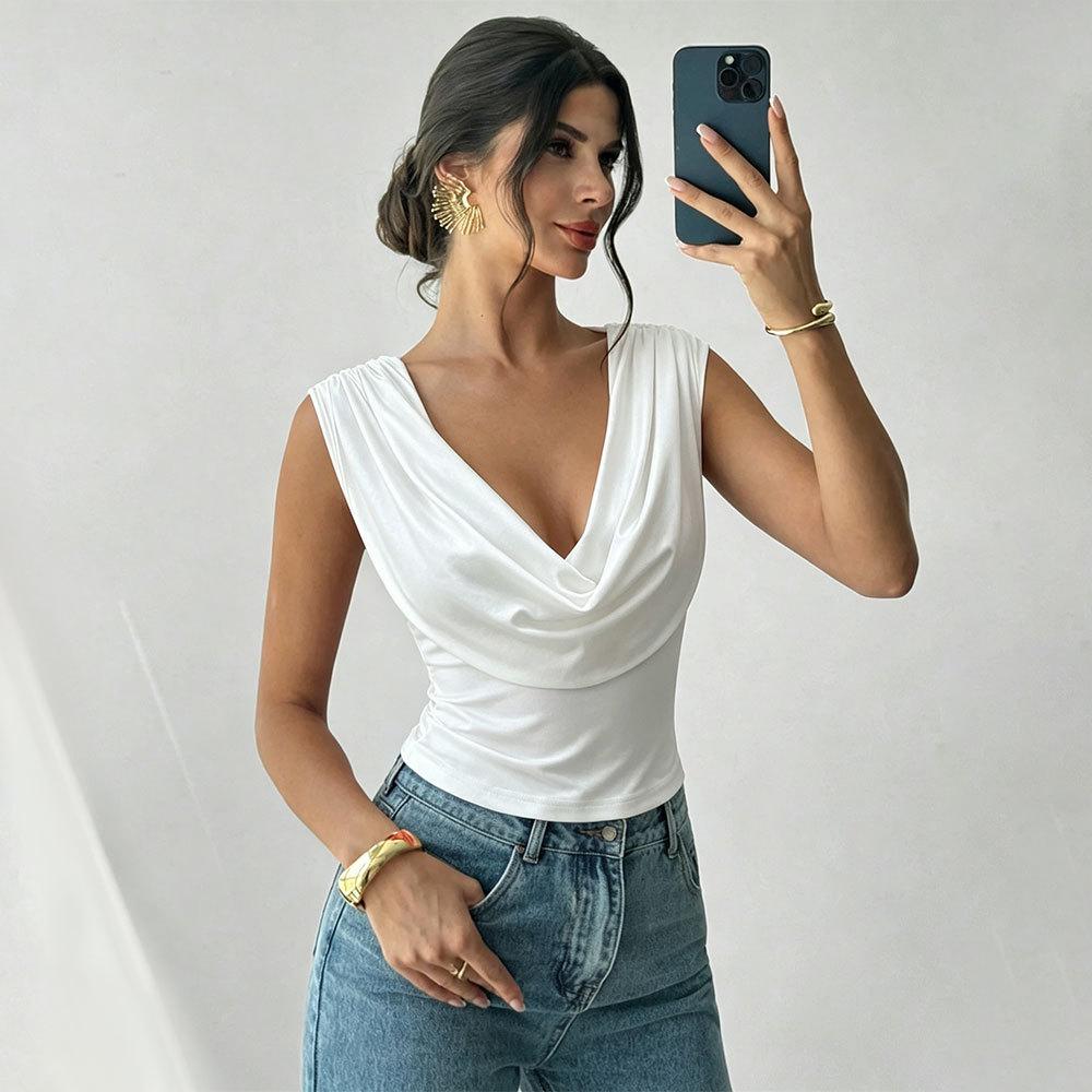 Europe and the United States summer new swing neck sleeveless T-shirt waist thin pure desire style versatile short top women