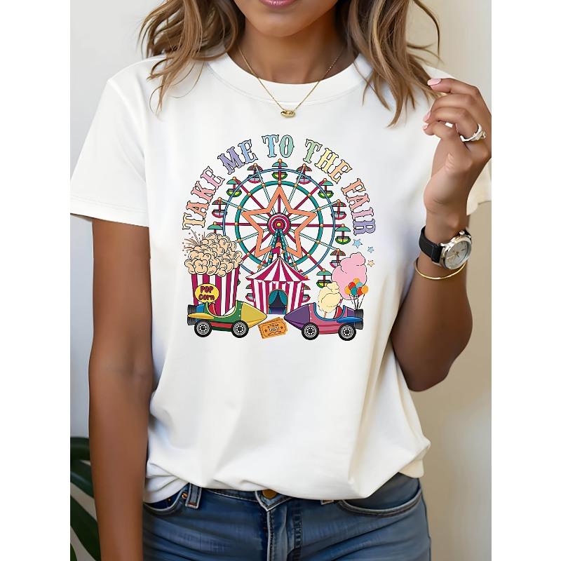 Take Me To The Fair  Women S Amusement Park Themed T-Shirt Featuring A Ferris Wheel and Popcorn Slogan, Casual Short Sleeves, S белый