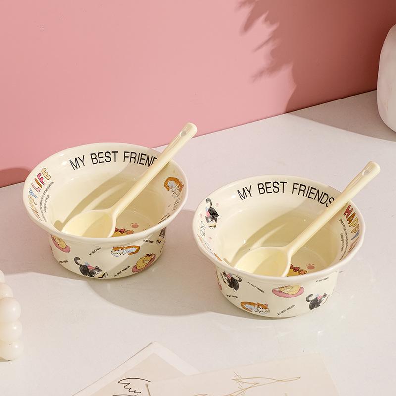 Cute Ceramic Dessert Bowl Round Cartoon Salad Bowl Tableware Household Eating Rice Bowl Dormitory Couple Bowl Spoon Set