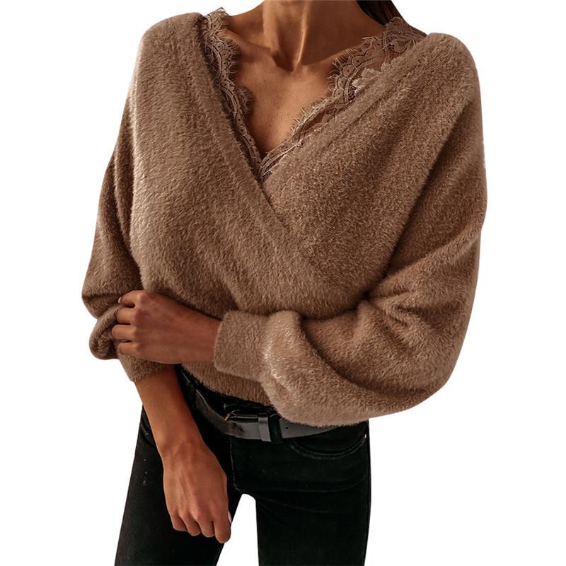 

Autumn Winter Women s Lace Trim V-Neck Flannel Top, Sexy Solid Color Long Sleeve Blouse with Comfort Fit Design, Casual Relaxed Shirt for Daily Wear XXXL