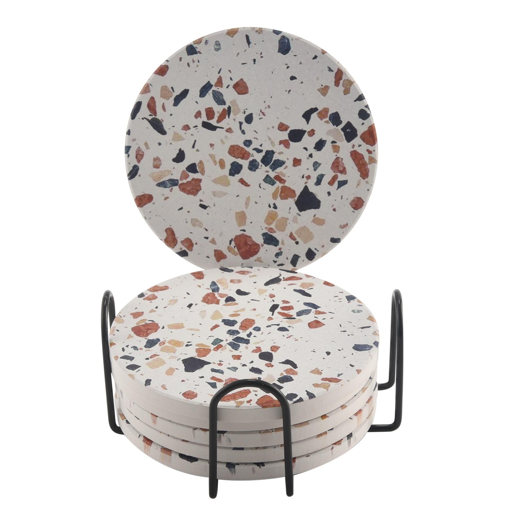 T02C!Coasters For Drinks,Absorbent Marble-Style Coasters With Cork Base , Housewarming Gift For Home And Kitchen