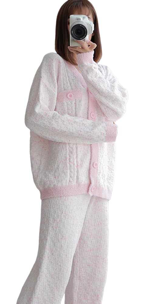 RAVIR Winter Fluffy and Cute Pajama Set and Comfortable and One Size Fits All Women's Loungewear, (Top Bottoms), Soft, Pink,