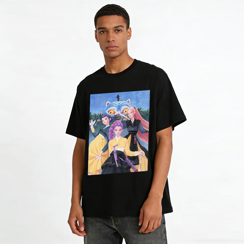 Korean Style Ancient Girl Group Print T-Shirt, Loose Top With Fantasy Cat Element, Trendy Cool Wear Item Pure cotton T-shirt