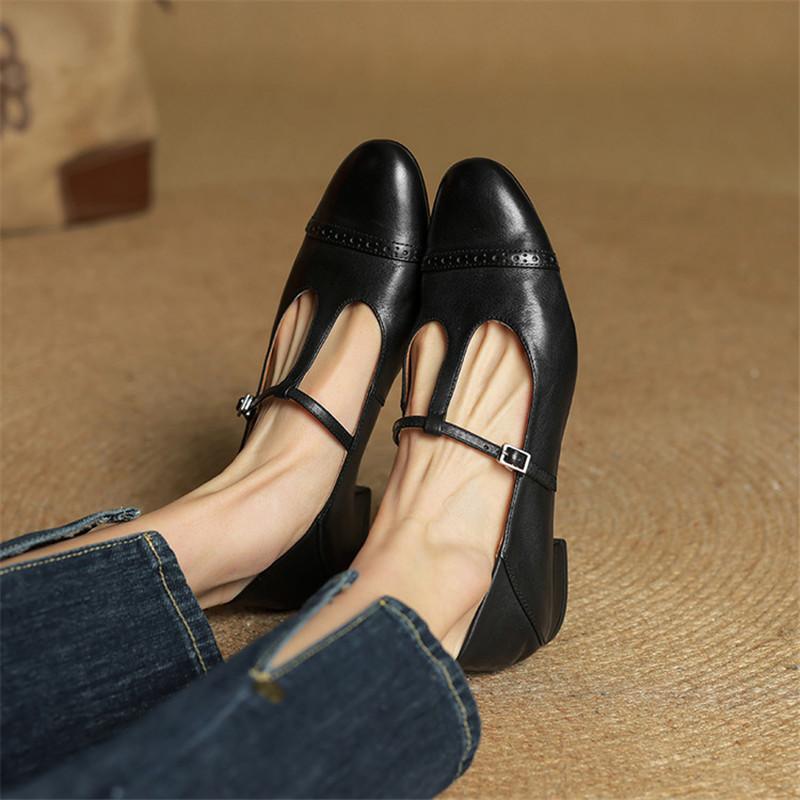 Mode Neue Frühling/Sommer Echtes Leder Damenschuhe Runde Zehenpartie Damen Pumps Schuhe für Damen Mode Brogue Designs Mary Jane Schuhe