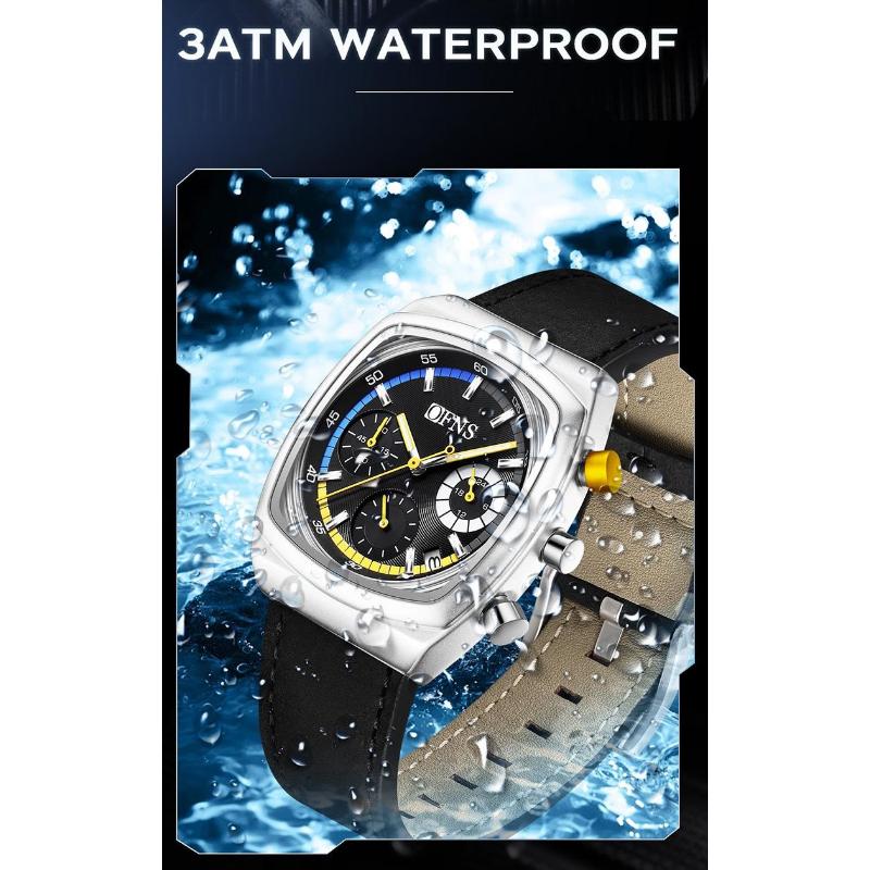 Square Dial Chronograph Quartz Watches for Men Fashion Leather Strap Casual Sport Wristwatch with Date Display Waterproof Luminous