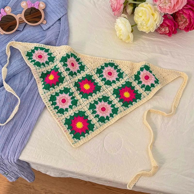 

Французская винтажная вязаная повязка на голову с цветком для женщин, милый ажурный дизайн, треугольная повязка на голову, аксессуары для волос для путешествий на открытом воздухе