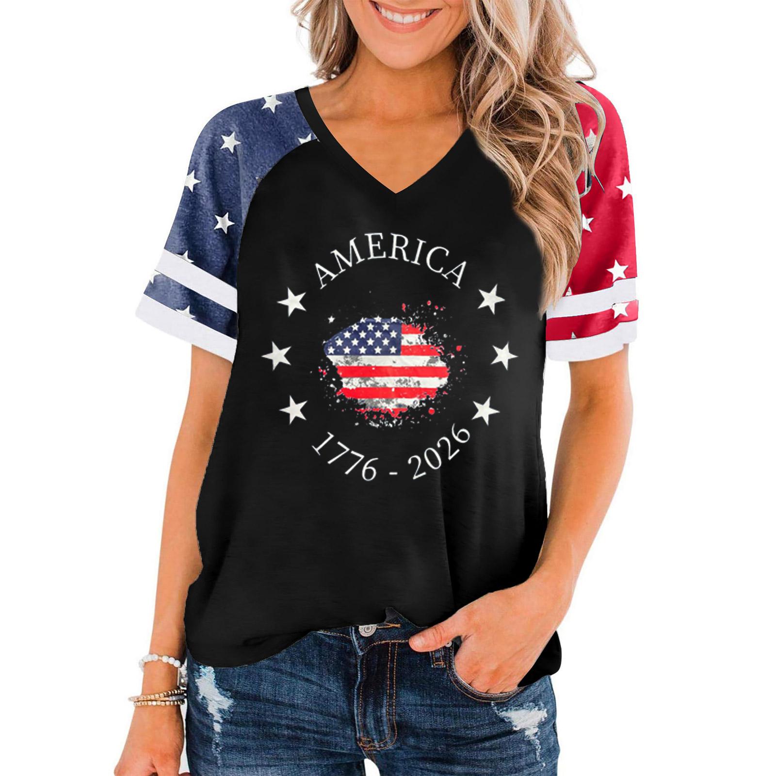 

Women Casual V Neck Short Sleeve Pullover T Shirt Independence Day Graphic Print Top Loose Fit Comfortable Summer Tee M чёрный