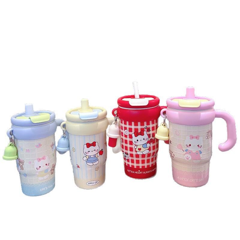 Cartoon cute Big Mac handle ice cup girls large capacity desktop thermos cup 111 stainless steel straw cup