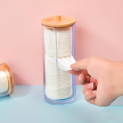 1pc Cylindrical Cotton Pad Holder,Clear Storage Box With Bamboo Lid,Makeup Storage Cotton Pad Dispenser,Bathroom Storage Jar