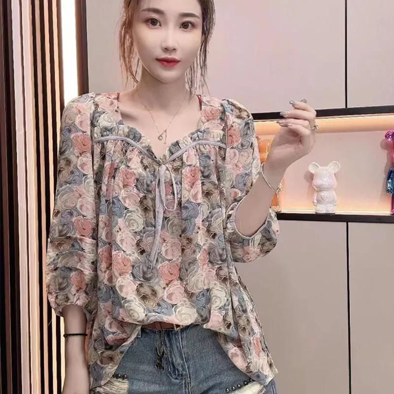 Women Summer Square Collar Chiffon Shirt Design Printing Drawstring Sun Protection Shirt Causal 3/4 Sleeve Tops