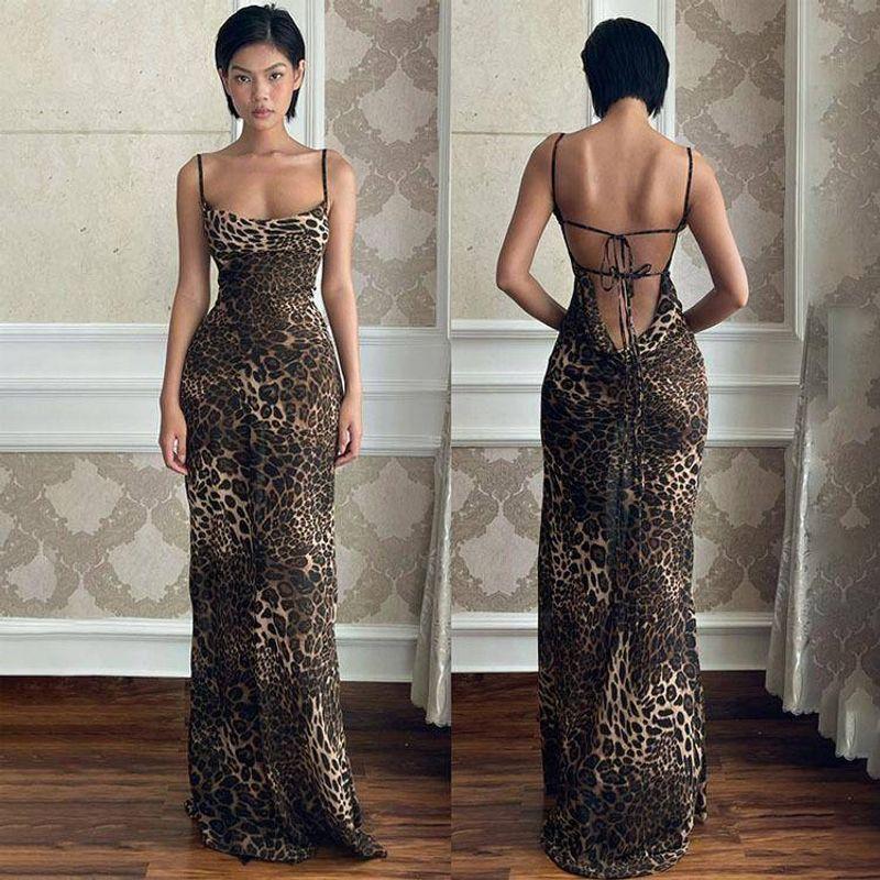 

Cross-Border Foreign Trade Women s Clothing Amazon 2025 Summer Sexy Open Back Slim Fit Long Dress Leopard Print Printing Slip Dress Leopard print S