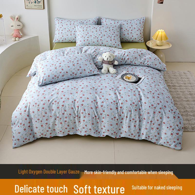 Elegant High-Weight Knit Cotton Floral Four-Piece Bedding Set – Skin-Friendly, Available In Single/Double Sizes.