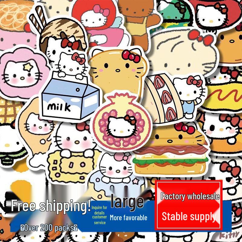 100 Милых Мультяшных Наклеек с Едой KT Cat Sanrio для Чехлов Телефонов и Ноутбуков - Водонепроницаемые Наклейки