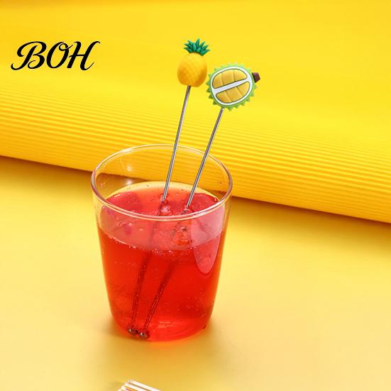 Stir Stick Cocktail Stick, Stainless Steel Mixing with Durian Pineapple Strawberry Mixer Watermelon Rubber Top Decor, Drink Stirrer for Bar