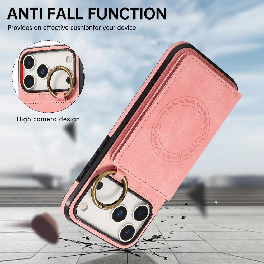 

Magnetic Plain Leather Phone Case for iPhone 17 Pro Max Air 16E 16 Plus 15 Pro 14 13 Mini 12 11 Ring Card Holder Wallet Cover iPhone 11 Pro рожевий
