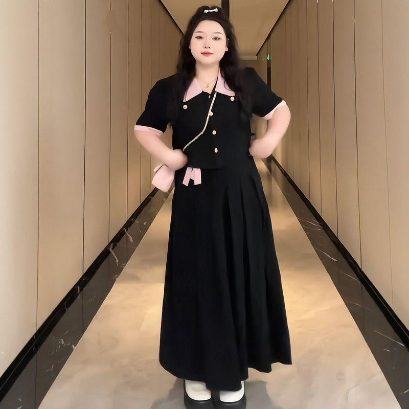 

Women s Clothing for Fat Girls, Korean Style Contrasting Color Tops with Lapels + High-Waisted Skirts, 2026 Summer Elegant and Age-Reducing Suits Suit L