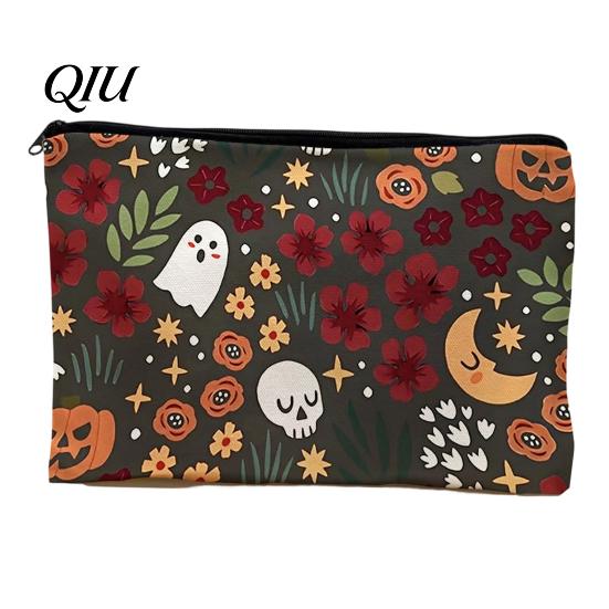 Smooth Zipper Storage Pouch Bag, with Halloween Pattern Printed, Ghost Design Bag Canvas Makeup Large Capacity Travel Cosmetic Wear-resistant