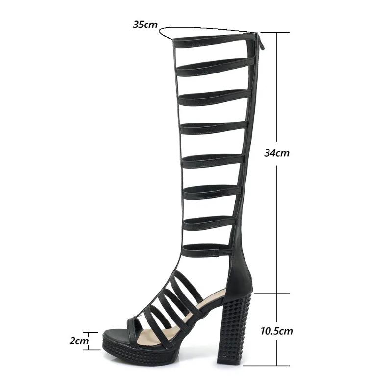 Fashion Summer Tall Boots Women's Knee High Chunky High Heels Shoes Back Zipper Roman Greek Gladiator Sandals