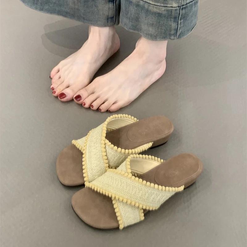 2025 Summer Women Fashion Weave Cross Slippers Casual Comfort Wedges Heel Beach Vacation Slides Shoes
