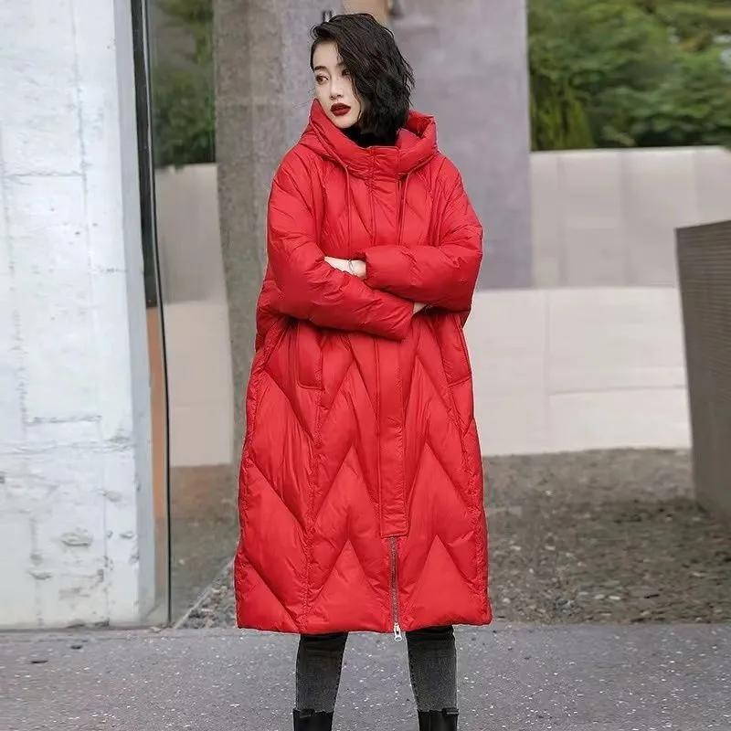 Winter Frauen Verdickt Vintage Mid Lose Unten Baumwolle Langen Mantel Weiße Ente Unten Jacke Frauen Weibliche Mantel Mit Kapuze Puffer Feder Parkas