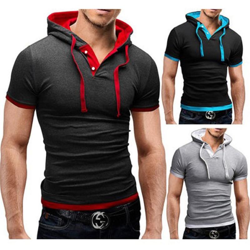 Letní pánská móda Slim Fit Topy s krátkým rukávem Jednobarevné Svalnaté tričko s kapucí