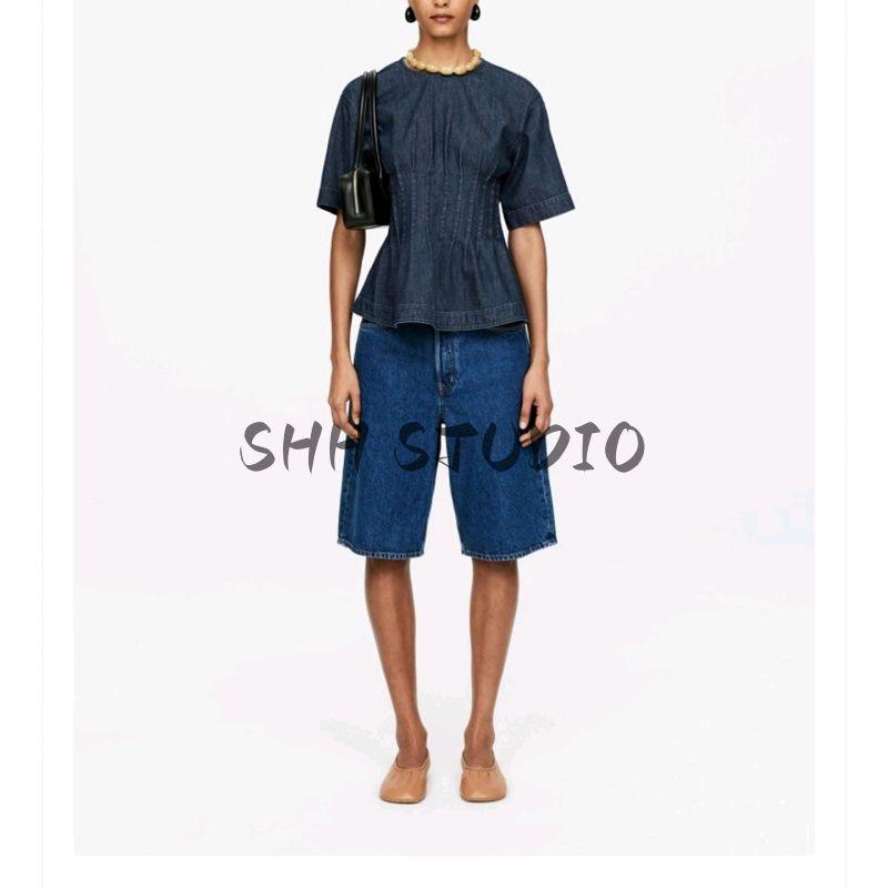 Summer New Product Women's Clothes Commute Style Pinch Pleated Decorative Cotton Round Neck Short Sleeve Waist-Controlled Denim Tops 1270370