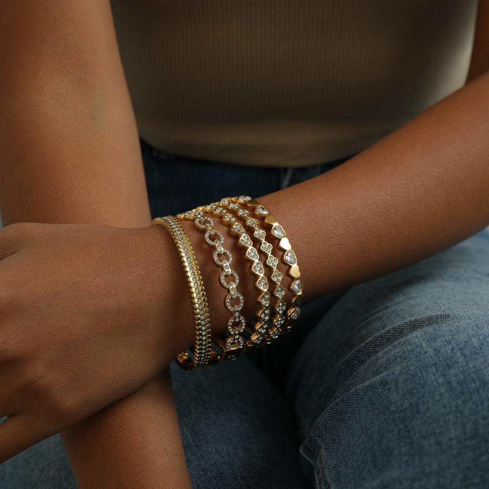 Non Tarnish PVD Gold Plated Jewelry Inlaid With Cubic Zirconia Bangles Stainless Steel Simple Bangle Bracelet Sets Women Jewelry
