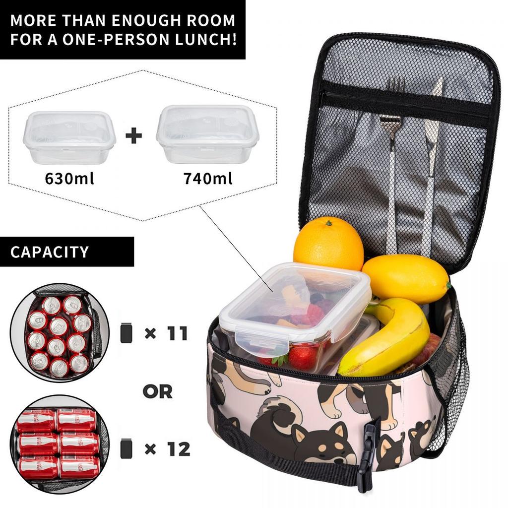 Black Brown Shiba Inu Dog And Flowers Insulated Lunch Bag for Women Kids Portable Food Boxes Thermal Lunch Box Tote