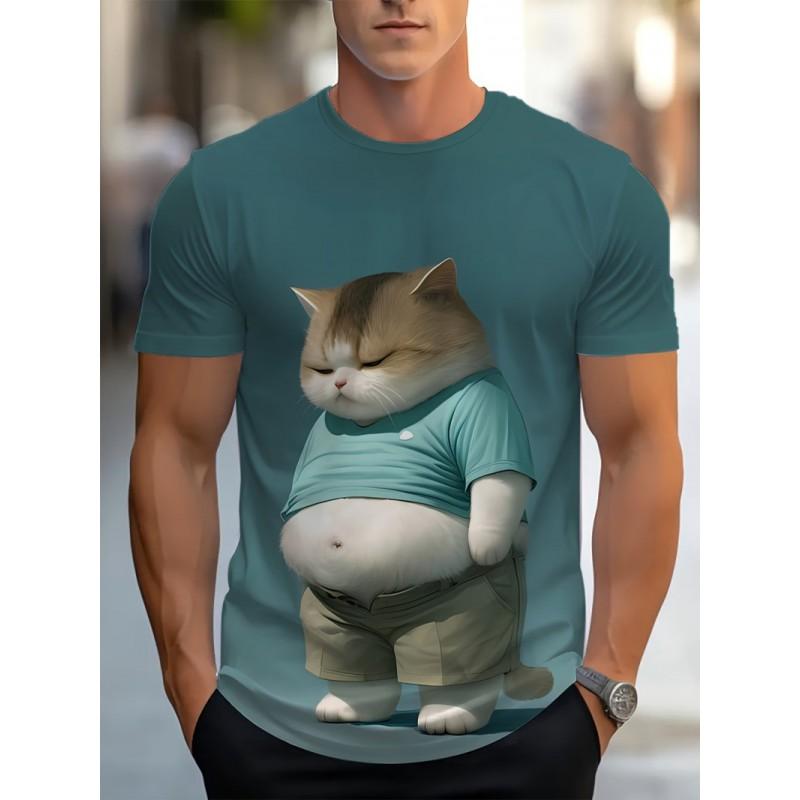 Mens 3D Printed Fun Blue Cat Graphic Tee - Casual Round Neck Short Sleeve T-Shirt Adults Teens
