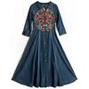 Johnature Woman Spring Pocket Cotton Single Breasted Long Sleeves Dress V-Neck Embroidery Solid Color A-Line Dress